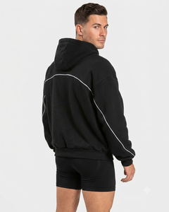 Ensemble de survêtement personnalisé pour homme, noir, coupe oversize, avec détails contrastants, en molleton de coton de qualité supérieure, comprenant un sweat à capuche et un pantalon de survêtement à jambes larges, OEM - Product Image 3