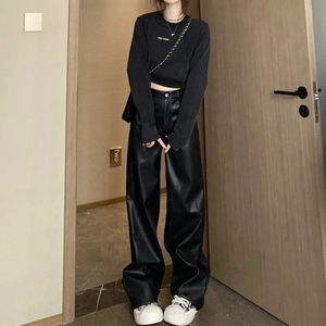 Pantalones de cuero PU con corte de pera para mujer, novedad de otoño, talla grande, de cintura alta, efecto adelgazante, pierna recta, estilo casual. - Product Image 2