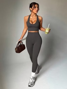 Womens Seamless Activewear 2 Pcs Set Plunge Halter Crop Tank and Curved Contour Ruched Rear Fitness Leggings Sportswear Suit - Product Image 1