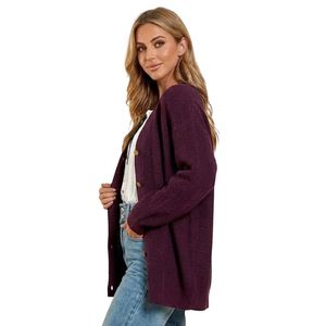 Cardigan en tricot bordeaux pour femme, boutonné sur le devant, long, texturé, à manches longues, décontracté, tendance, personnalisable, OEM, vente en gros - Product Image 3