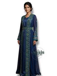 Awais House Blue Embroidered Open <b>Kaftan</b> <b>Long</b> Sleeve Floor Length V Neck Modest <b>Dress</b> Wedding Eid Women's Elegant Traditional - Product Image 6