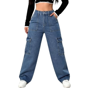 Jeans Cargo para Mujer, Pierna Ancha, Cintura Alta, Pantalones Vaqueros Holgados, Corte Recto Informal con Diseño de Bolsillos - Product Image 1