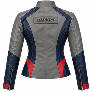 Veste de moto en cuir véritable pour femmes, gris foncé, bleu, rouge, vêtements de sport pour motocross, vêtements de motard, streetwear - Product Image 2