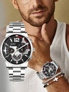 Reloj de Cuarzo de Acero Inoxidable Plateado para Hombre con Calendario y Juego de Pulseras de Cuentas 192119 - Product Image 4