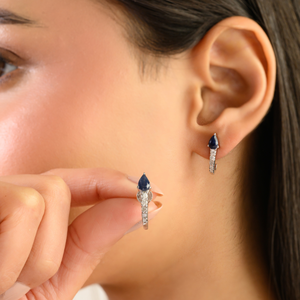 Pendientes de Plata de Ley 925 con Media Aro y Zafiro Azul Genuino en Corte Pera y Diamantes, de Moda y Gran Venta para Mujer - Product Image 5