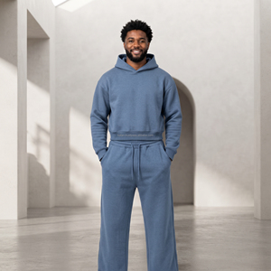 Ensemble survêtement décontracté bleu pour homme : sweat à capuche et pantalon de survêtement couleur unie, coupe droite, avec cordon de serrage et poches, longueur intégrale - Product Image 6