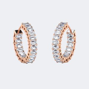 Boucles d'oreilles créoles huggie articulées en or 14K avec diamant de laboratoire taille émeraude 3.60CTW, sertissage en canal, VVS VS DEF, grand taille émeraude, bijoux - Product Image 2