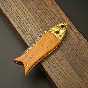 Cuchillo de Bolsillo Plegable Personalizado Hecho a Mano, Diseño ODM/OEM, Acero de Damasco, Hoja Plana, 7.5 Pulgadas, con Funda de Madera, Latón y Cuero - Product Image 5