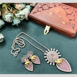 Two Tone <b>Silver</b> Plated Zinc Alloy <b>Long</b> Necklace and <b>Earring</b> Set for Women and Girls Wedding Bridal Ethnic Wear - Product Image 1