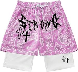 Men's Pink Paisley Print Mid Waist Casual Four-Way Stretch Drawstring Shorts Gothic Cross Logo Breathable Satin <b>Board</b> - Product Image 1