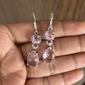 Nouvelles boucles d'oreilles pendantes en forme de goutte d'eau en quartz rose, en argent sterling 925, avec cristal en forme de poire, cadeau pour femmes - Product Image 2