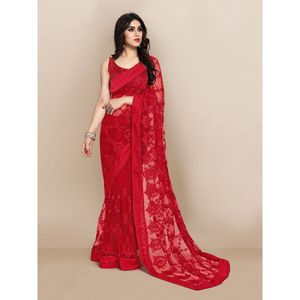 Sari rouge pour soirée avec broderie et chemisier non cousu (Collection de tissus Supernet) - Product Image 1