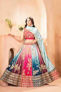 Lehenga Choli multicolore éclatant avec broderie argentée complexe, en tissu filet papillon, style traditionnel pour mariage, fête et Diwali - Product Image 4