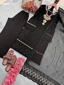 Best Fabric Party Wear Faux Georgette with Embroidery Sequence work Plazzo-<b>Kurta</b> & Dupatta Set <b>Woman</b> Fashion Supplier from Surat - Product Image 5