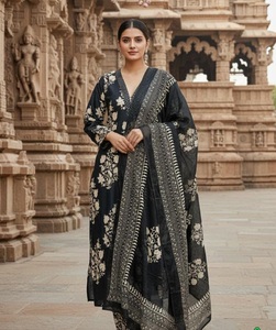 Black Floral Embroidered <b>Indian</b> Pakistani Rayon Recycled Materials Women's Set <b>Kurta</b> Dupatta Suit Casual Outfit - Product Image 1