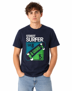 T-shirt graphique bleu marine de qualité supérieure pour hommes, imprimé Street Surfer, en coton, décontracté, à manches courtes, col rond, motif skateboard - Product Image 1