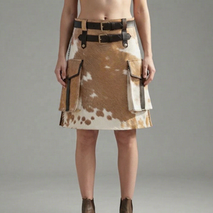 Custom Women'<b>s</b> Casual Natural Waist Breathable Cow Hair Leather Elegant Mini <b>Skirt</b> Cowhide Plaid Pattern Pleated Design Knitted - Product Image 1