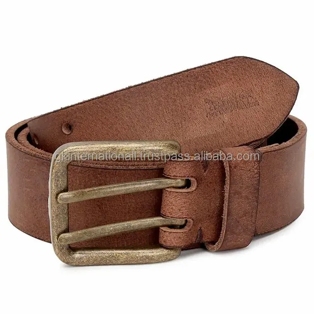 Classic Old Design Harness leather brown men's fashion leather casual belt with brass antique vintage double pin buckle