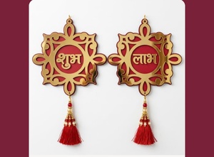 Medallón de Pared con Forma de Estrella Shubh Labh, Espejo Dorado, Acrílico, Marco con Flor de Lis, Base Roja, Borla de Seda, Placa Colgante para Puerta, Par - Product Image 2
