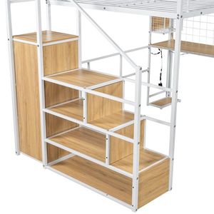 Letto a soppalco in metallo bianco a grandezza naturale con LED integrati per bambini, con postazione studio, armadio e scala contenitore - Product Image 6
