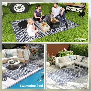 Tappeto da Esterno Reversibile 6FT X 9FT Blu e Bianco con Motivi Geometrici, Impermeabile in Plastica Intrecciata con Borsa per il Trasporto - Product Image 5