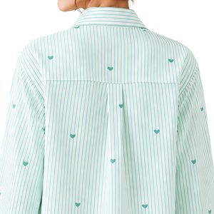 Chemisier en coton vert menthe et blanc rayé pour femme, à manches longues, boutonné, avec broderie cœur, coupe ample, style décontracté et oversize - Product Image 6