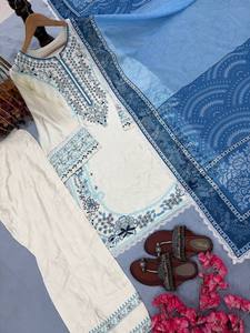 Nouveau TENNECY – Ensemble Salwar Farshi pour femme, idéal pour les soirées, en rayonne satinée, avec broderies réversibles et bordure fantaisie en dentelle GPU - Product Image 6