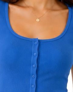 Top Corto de Punto Acanalado Azul Rey Personalizado para Mujer, Manga Corta, Cierre de Botones Delanteros, Corte Ajustado, Cuello Cuadrado, Blusa Informal de Verano de Algodón - Product Image 5