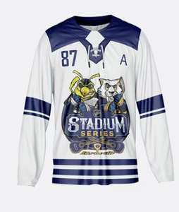 Maillot de hockey sur glace personnalisé pour homme, manches longues, blanc et bleu marine, imprimé Stadium Series, en polyester anti-humidité, uniforme adulte à manches complètes - Product Image 1