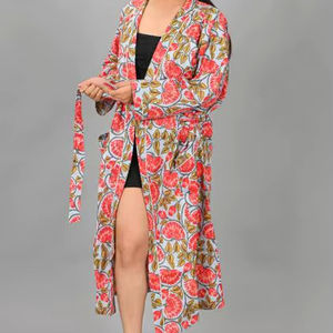 Kimono Largo de Algodón Elegante y Casual con Estampado de Bloques, Cuello en V, Cierre con Cordón, Secado Rápido, Suave y Transpirable, Tipo Bata para Dormir - Product Image 4