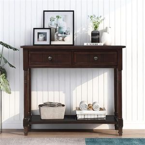 Consolle dal Design Tradizionale con Due Cassetti e Ripiano Inferiore, Tavolino Laterale in Teak MDF Color Espresso per Ingresso, Appartamento, Arredamento Casa - Product Image 2