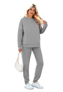 Ensemble de survêtement gris à capuche pour femme, couleur unie, pantalon de jogging en coton, manches longues, coupe décontractée, vêtements d'automne avec poches latérales - Product Image 3