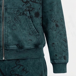 Custom Acid Wash <b>Distressed</b> Jogging Set Men Heavyweight Printing Zip Up Tracksuit Hoodie Straight Leg Flared Sweatpants - Product Image 5