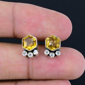 925 Sterling Silver Beautiful Natural Yellow Citrine Hexagon Stud Earrings <b>Online</b> Now at Factory Price Gemstone Jewelry Earrings - Product Image 5