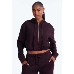 Sweat-shirt à capuche court zippé pour femme, couleur prune, manches longues, couleur unie, tricoté, respirant, pour l'automne - Product Image 1