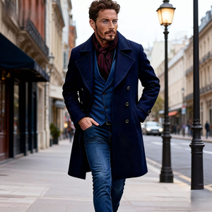<b>Men's</b> <b>Navy</b> Polyester/Cotton Double Breasted Breathable Genuine Leather Shell Overcoat Long <b>Trench</b> <b>Coat</b> with Notched Lapel - Product Image 5