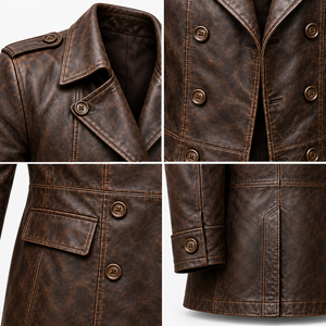 <b>Men's</b> Luxury Antique Brown <b>Leather</b> <b>Blazer</b> Double Breasted Ten Button Closure Classic Lapel Collar Distressed <b>Leather</b> Overcoat - Product Image 6