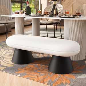 Panca imbottita beige per sala da pranzo, camera da letto, fondo letto, ingresso, pouf, sgabello in tessuto, top nero - Product Image 1
