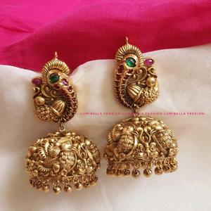 Heavy Temple Peacock Jhumka Earrings in Yellow Gold with Pearl and Emerald - Product Image 6