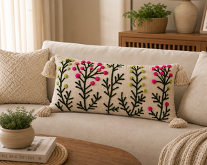 Coussin lombaire brodé à la main en coton tufté motif fleurs sauvages, coussin d'appoint long bohème floral botanique pour canapé - Product Image 2
