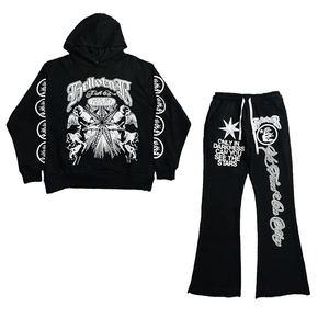 ชุดวอร์มขาบานแบบใหม่ล่าสุด พร้อมโลโก้สั่งทำพิเศษ เสื้อฮู้ดครอปกันลม และกางเกงขายาวทรงกว้าง สไตล์สตรีทแวร์โอเวอร์ไซส์สำหรับฤดูหนาว - Product Image 1