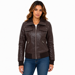 Blouson Bomber en Cuir Véritable pour Femme, Col Rabattu, Fermeture Éclair, Manches Longues, Hiver, Couleur Unie, Tricoté, Respirant - Product Image 1