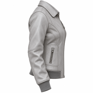 Custom Womens Light Grey Real <b>Leather</b> Bomber Jacket Wholesale Collared Ribbed <b>Waist</b> Ladies Biker Outerwear <b>Coat</b> - Product Image 3