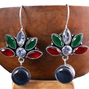 Pendientes de Aro Modernos Multicolores Estilo Bohemio Tribal |   Pendientes Colgantes Étnicos de Plata Oxidada con Circonitas para Mujer - Product Image 1