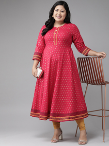 Kurta Anarkali en coton imprimé rose doré, taille plus, col rond, manches trois quarts, tenue parfaite pour femmes - Product Image 5