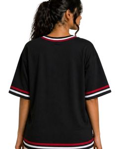 T-shirt surdimensionné personnalisé noir brodé de fleurs pour femme, col rond à rayures contrastées, coupe décontractée ample en coton, haut d'été - Product Image 2