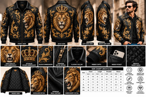 Veste de motard rétro de luxe personnalisée avec broderie complète, style streetwear, motif lion, animal, nature, pour les amateurs de cuisine, en cuir véritable pour hommes - Product Image 2