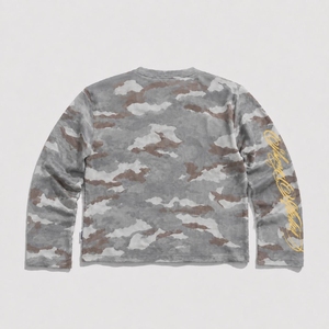 เสื้อยืดคอกลมแขนยาวลายพรางทรงโอเวอร์ไซส์สำหรับวัยรุ่น สไตล์ลำลอง โลโก้สีทองที่แขนขวา ผ้าฝ้าย 100% ปักลายวาฟเฟิล - Product Image 1