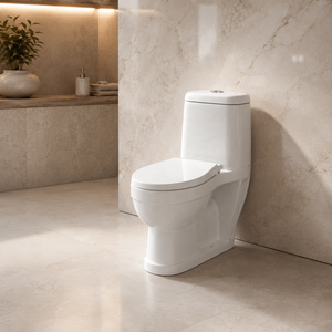 Inodoro de una pieza con taza alargada, sifón en S, doble descarga, montaje en suelo, diseño contemporáneo, cerámica vitrificada, accesorio de baño - Product Image 6