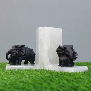 Luxury White Marble Art Deco Engraved Bookends Black <b>Elephant</b> Figurines <b>Decorative</b> Book Holder for Home Office Shelf Desk - Product Image 3